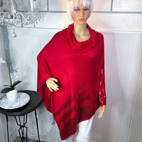 Allison Daley Red Sequin trimmed Cowl Neck Poncho XL Holiday Christmas Party - Picture 10 of 10